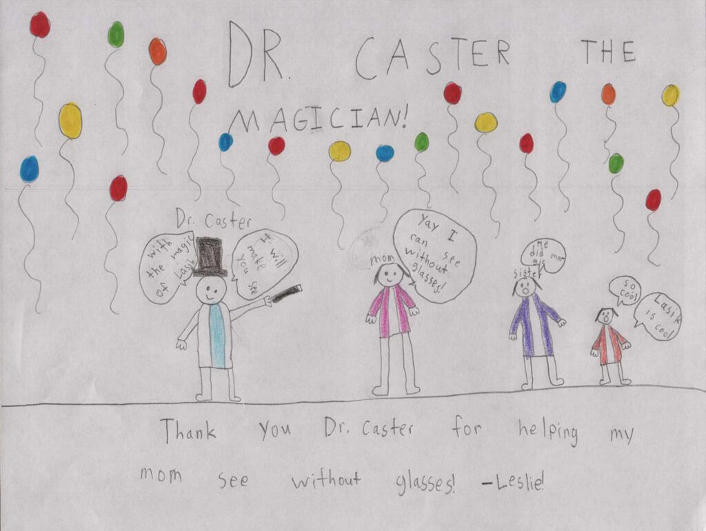 Leslie , A patient of Dr Caster's child draw a cartoon on him saying Thank you for treating her mother