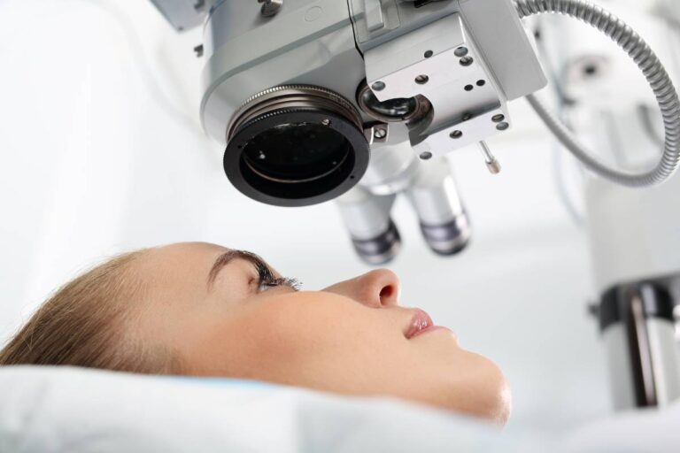 Patient undergoing laser eye surgery with advanced equipment, showing fast LASIK recovery.